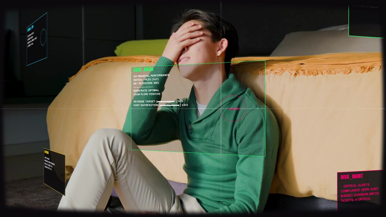 Adult man sitting on floor tapping smartphone, activating HUD panels in tech scene, processing data
