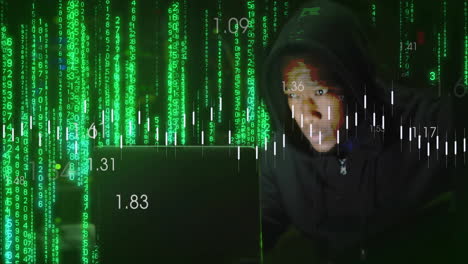 animación de procesamiento de datos digitales sobre un hombre afroamericano usando una computadora portátil por servidores informáticos