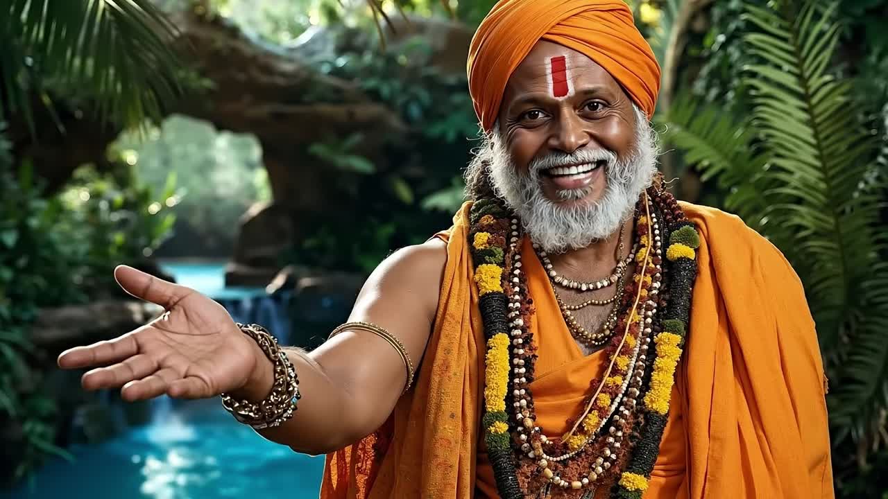A man in an orange turban standing in front of a waterfall
