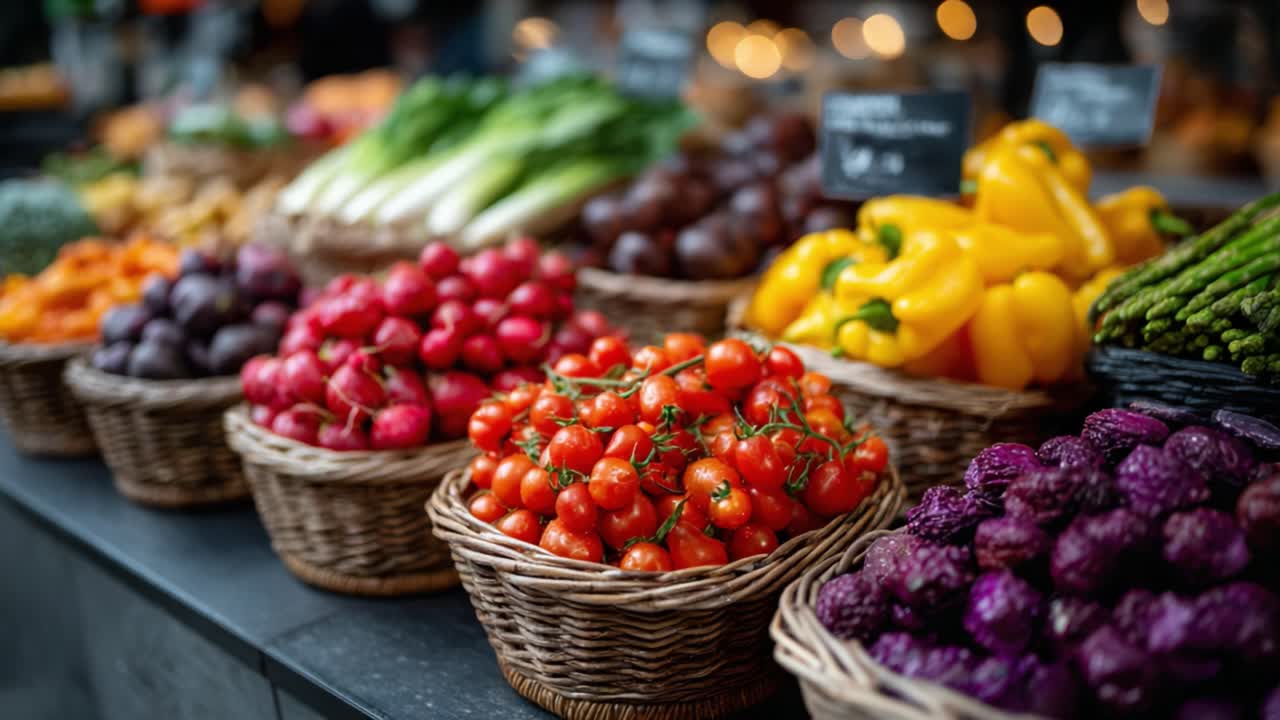 A Vibrant Market Display Showcasing Fresh Produce in Baskets, Highlighting the Abundance of Colorful Vegetables and Fruits, Perfect for Culinary Inspiration and Healthy Eating