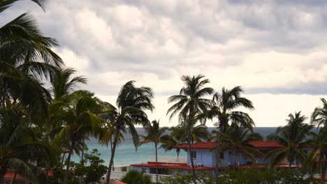 Clima-Tormentoso-En-La-Playa-Caribeña,-Vista-Al-Mar,-Playa,-Cielo-Y-Palmeras-Que-Se-Mueven-Con-El-Fuerte-Viento.