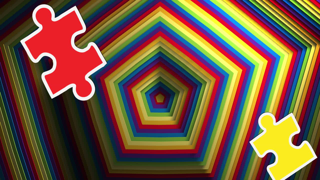 animación de rompecabezas coloridos sobre hexágonos arco iris