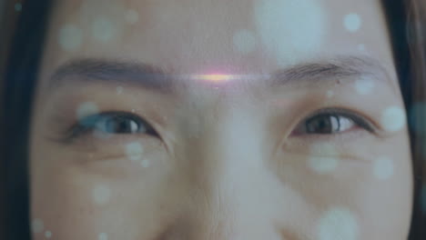 close-up of eyes with glowing light and bokeh animation in background