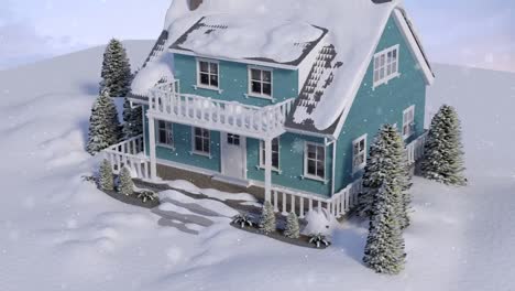 animation of snow falling over snow covered house in winter scenery