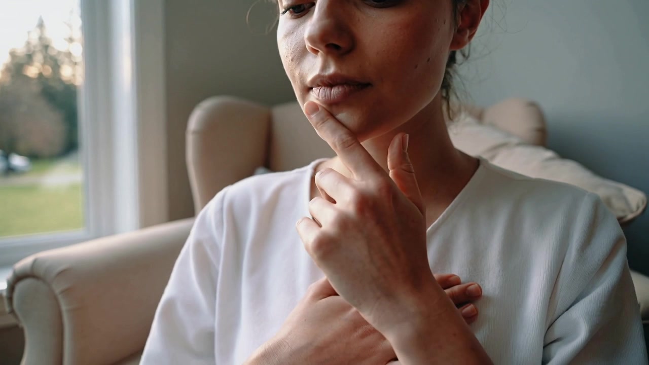 Donna che si accorge di un'imperfezione sulla guancia, si tocca il mento ed esamina la pelle accanto a una grande finestra, con un anello visibile.