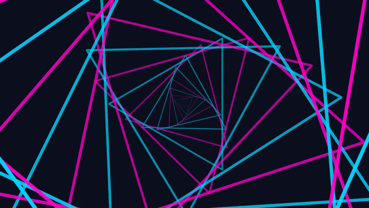 Tunnel astratto a triangoli al neon che ruota nello spazio buio