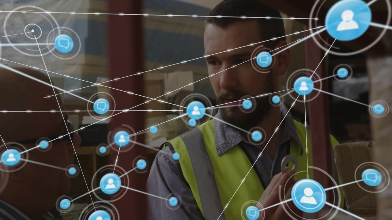 Bearded worker raising device in aisle causing growing blue node web obscuring pair for stock check