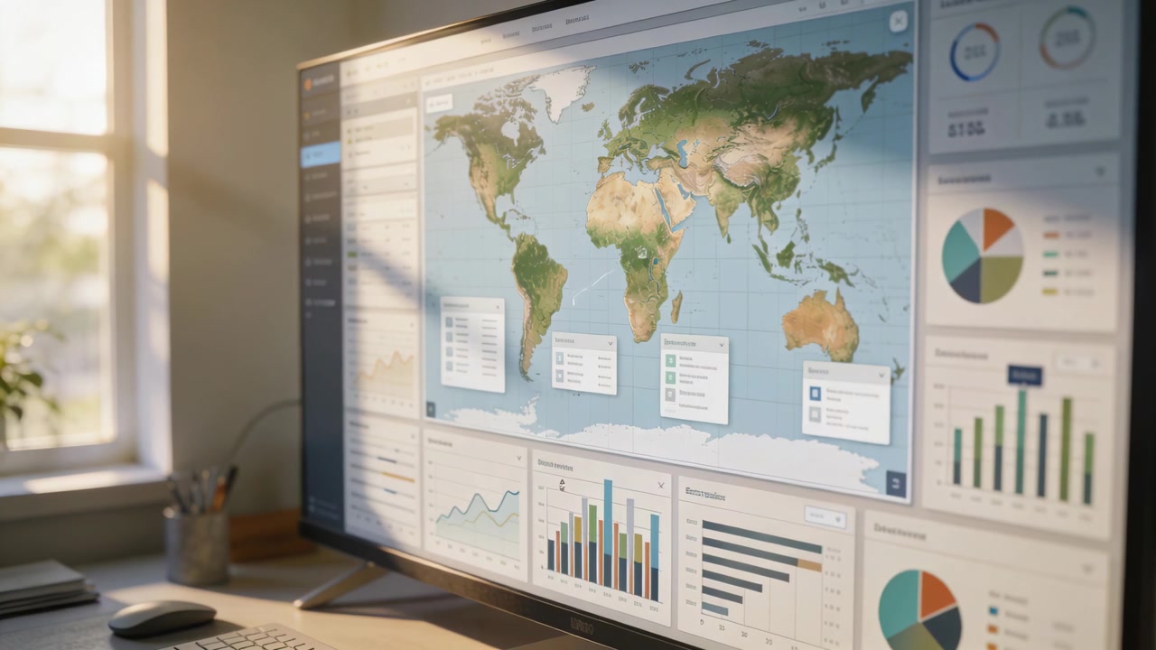 Displaying world map on monitor at office, mouse hovering tooltip to check data, keyboard nearby