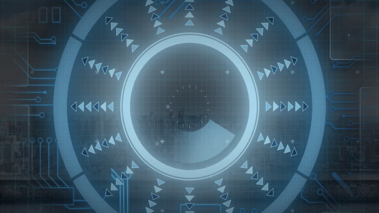 Circular patterns and arrows in blue tones creating futuristic digital animation