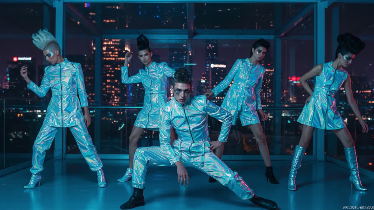 Dynamic Group of Fashion Models in Futuristic Silver Outfits Against a Neon Cityscape Background, Showcasing Bold Styles and Edgy Poses