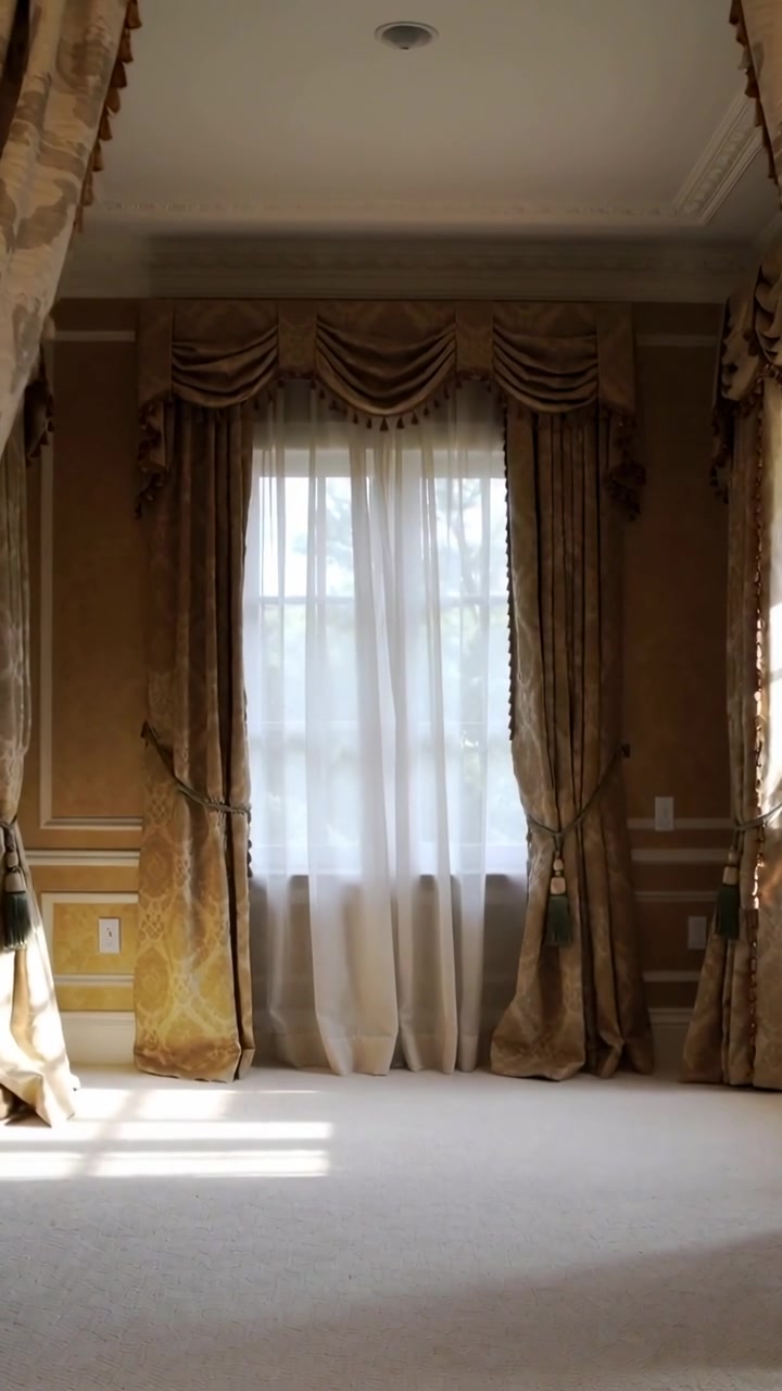 Vertical video: Tilting camera showing window in formal room, sheer curtain drifting by breeze