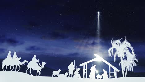 christmas nativity scene animation with real animals and trees on blue sky