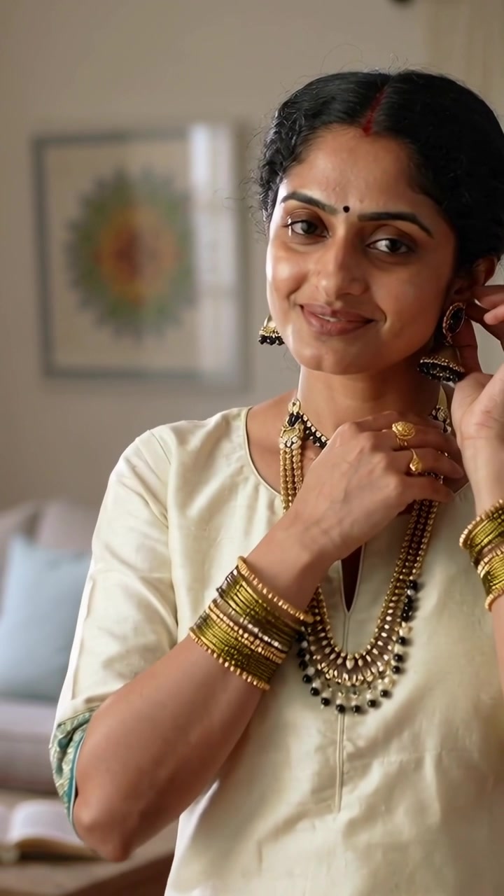 Video verticale: Mentre la telecamera zooma, donna in kurta che sistema jhumkas, collane e braccialetti, preparandosi a casa