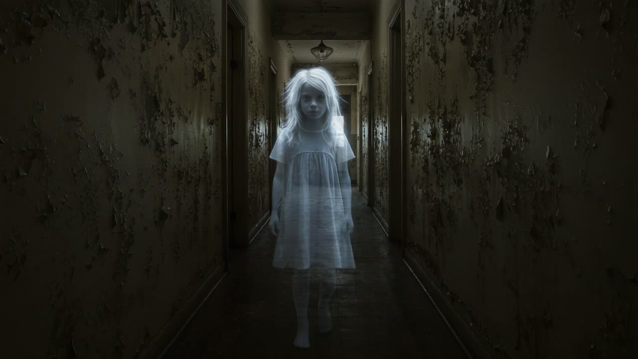 Haunting Presence: An Ethereal Child Wanders Through a Dimly Lit, Decaying Hallway Filled with Shadows and Eerie Silence