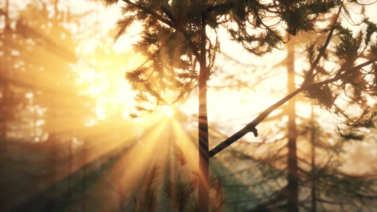 золотой солнечный свет проникает в сосновый лес.