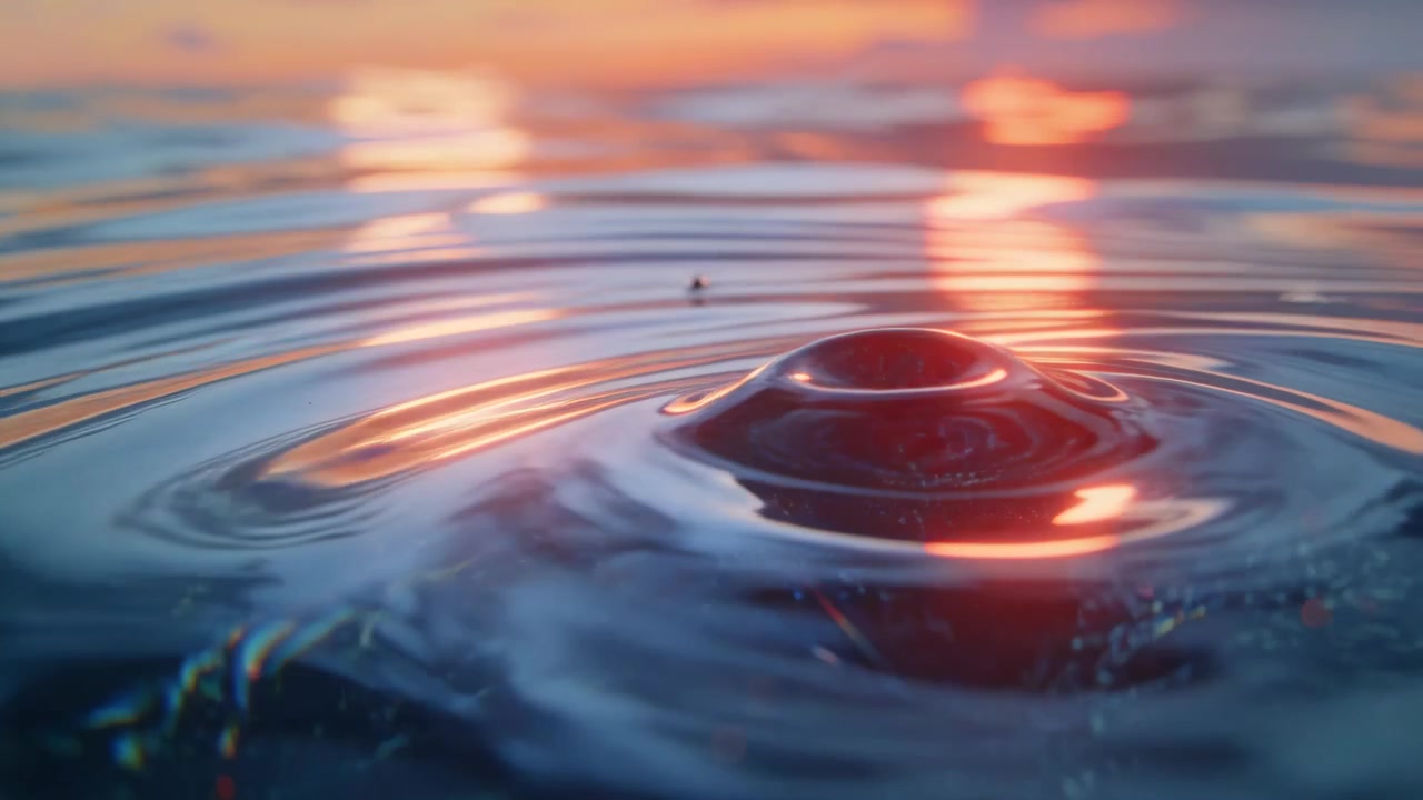 Droplet hitting water center creating small bulge and outward rings at close-up, with warm light