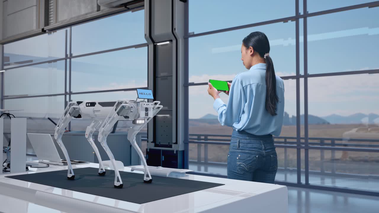 mujer probando un perro robótico en un laboratorio moderno