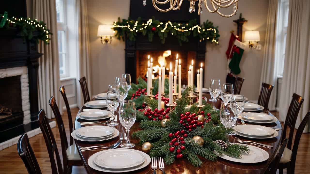 Festive dining table set for a holiday feast, captured from a straight-on angle