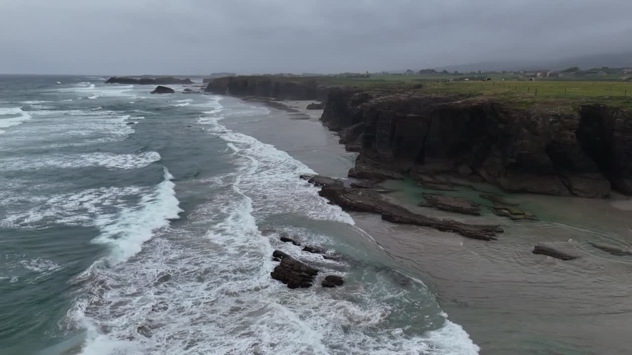 Slow mo As Catedrais , Cathedrals beach Northern Spain drone,aerial
