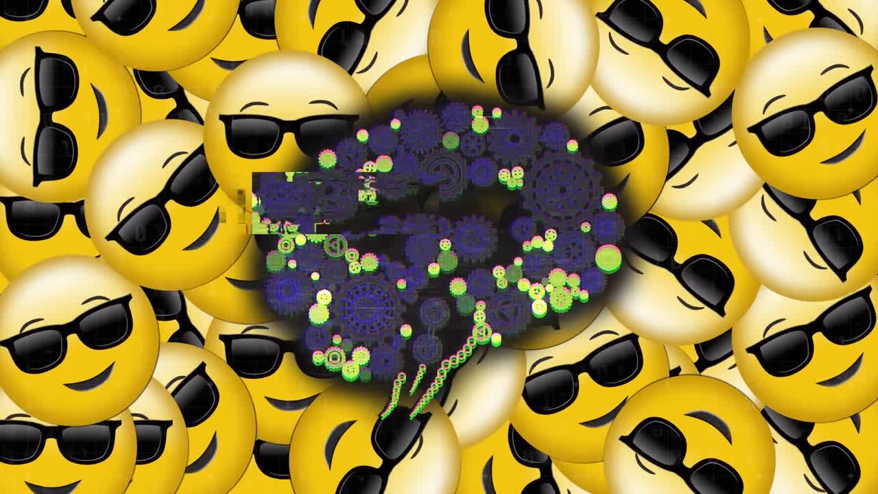 태양 안경을 착용한 여러 얼굴 이모티콘에 대한 인간의 뇌 아이콘에 대한 오류 효과