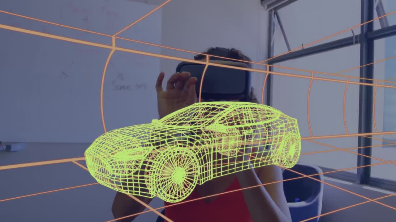 animación de dibujo 3d digital de un coche sobre una mujer usando auriculares vr
