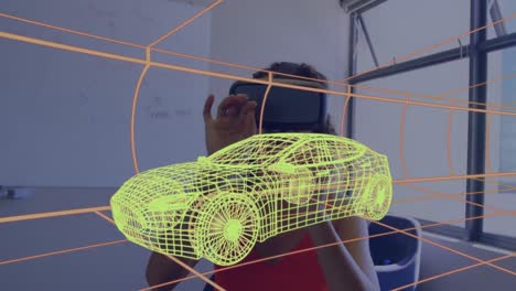 animation of digital 3d drawing of car over woman using vr headset