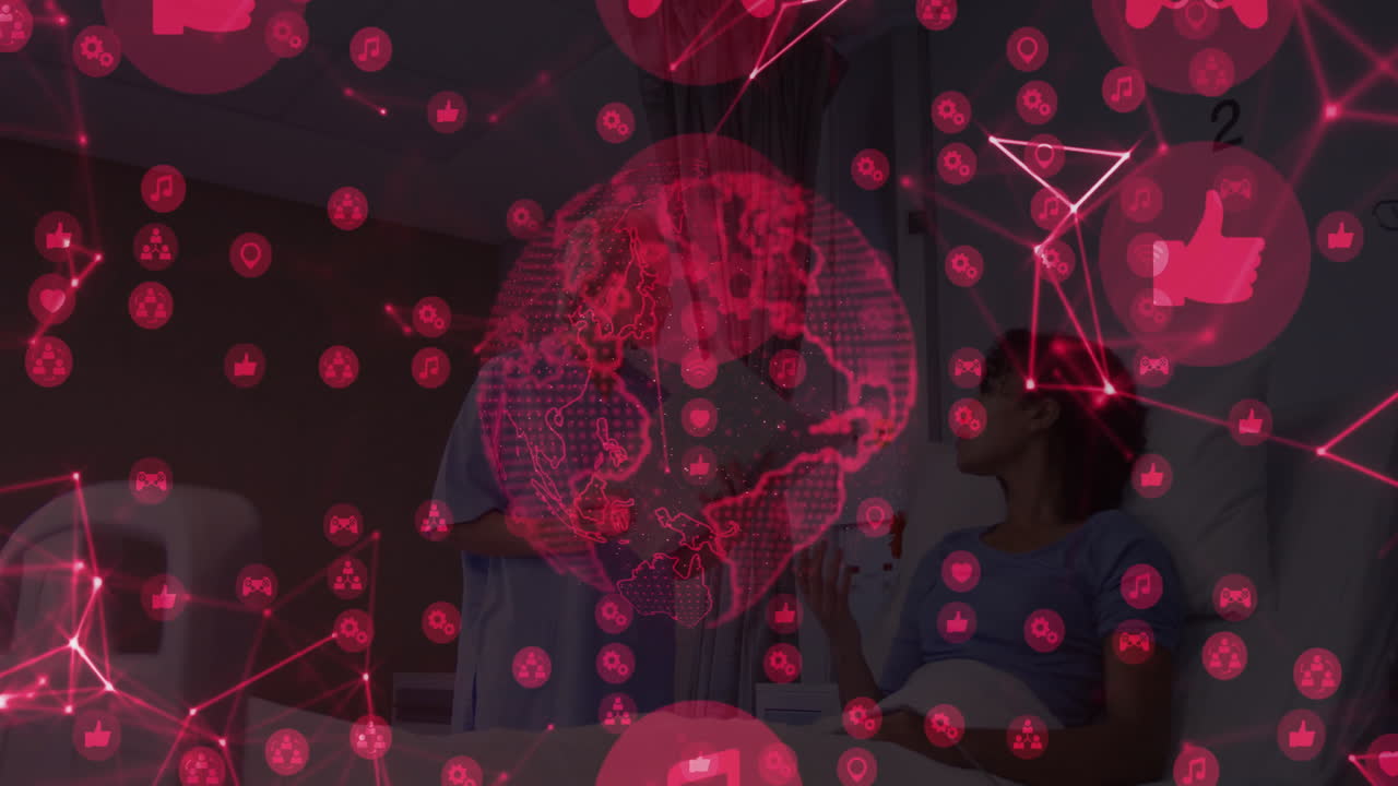 Nurse holding clipboard consulting patient in hospital room, showing healthcare digital globe icons