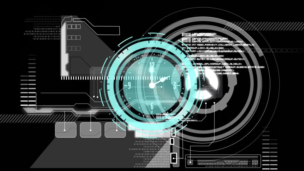 Animation of clock moving over data on black background