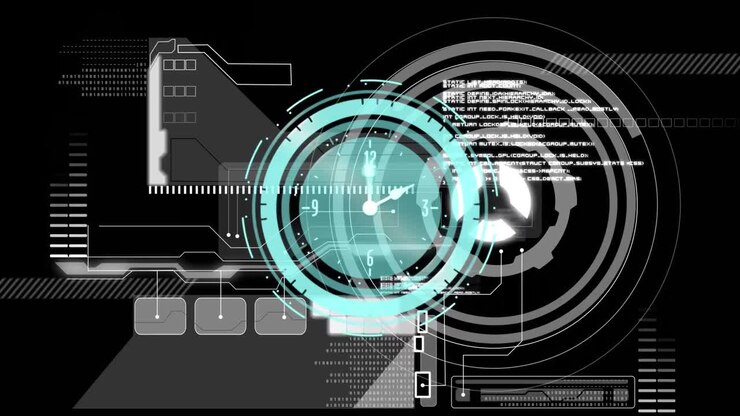 Animation of clock moving over data on black background