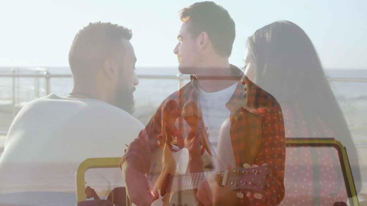 Playing guitar, person with friends enjoying music by seaside in animation