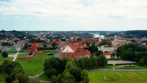 drone shot of kaunas old town in kaunas, lithuania