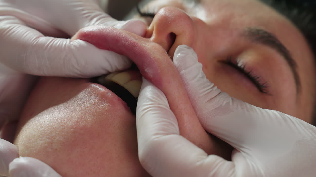 Close up of woman upper lips being massaged by therapist wearing protective gloves performing precise lip massage under lamp for stimulating pressure and soothing therapy in relaxing spa environment