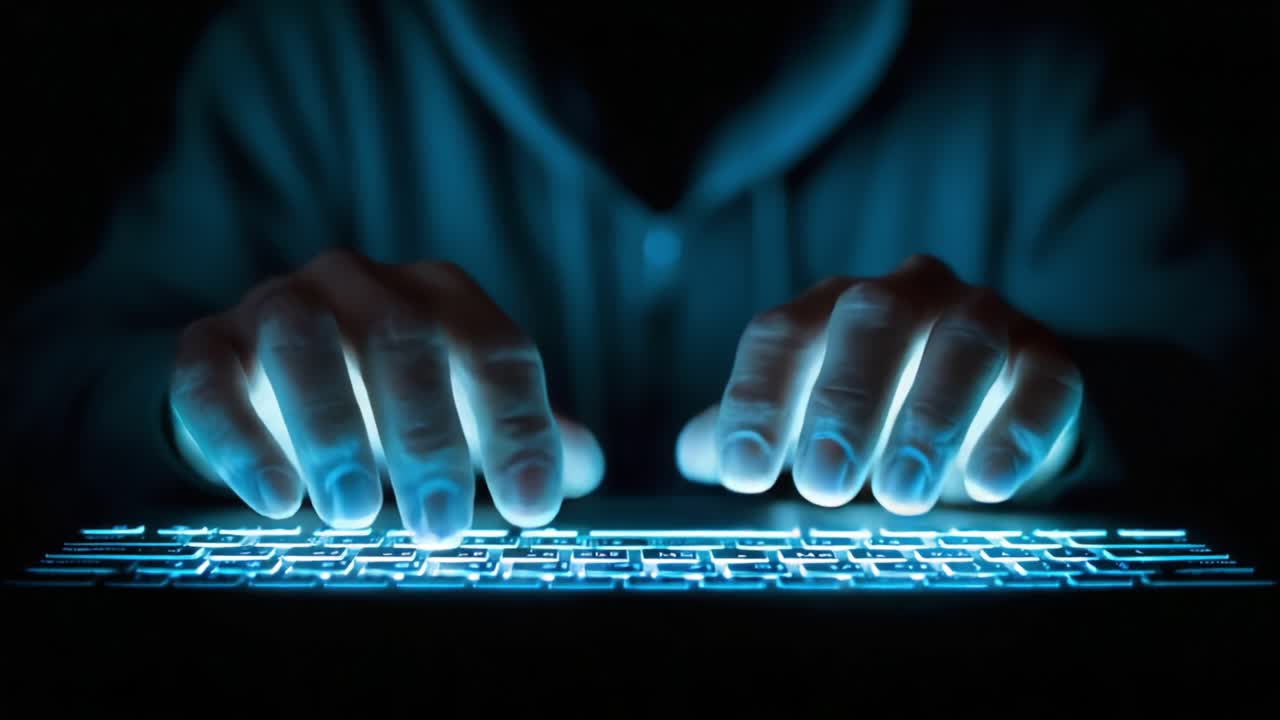 A Mysterious Hack: Hands Typing on an Illuminated Keyboard in Darkness, Capturing the Essence of Digital Intrigue and Cybersecurity Awareness