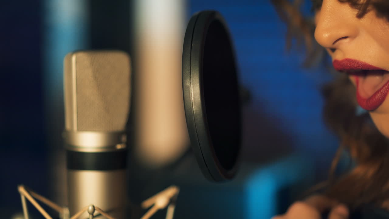 Woman singing in a recording studio. Female vocals. Professional recording studio.