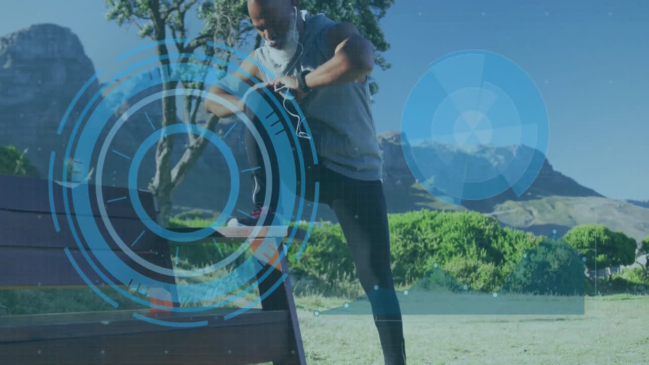 animación de escaneo de alcance sobre un hombre afroamericano de alto nivel estirándose en la playa