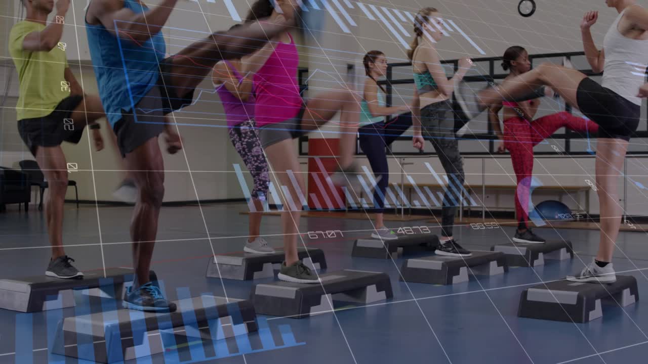 Instructor leading step and starting class mirroring patterns, data overlay showing fitness metrics