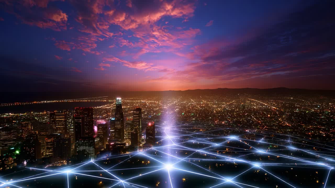 A Stunning View of a Futuristic City at Twilight with Glowing Lines Representing Connectivity Technology, Capturing the Vivid Colors of Sunset Over the Urban Landscape and Illuminated Skyscrapers