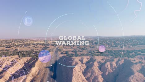 Global Warming graphic over drone video of freeway in New Mexico.