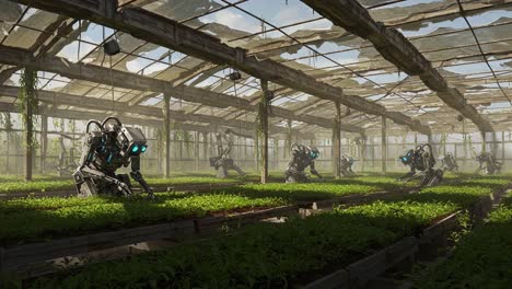futuristic robots tending to lush greenhouse farms: a glimpse into a high-tech agricultural future with automated plant care and advanced robotics