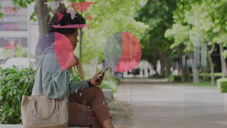 animation of business data over african american woman using smartphone