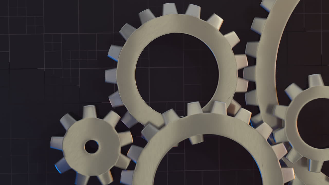 la rotación de engranajes mecánicos, piezas metálicas, renderización en 3d.