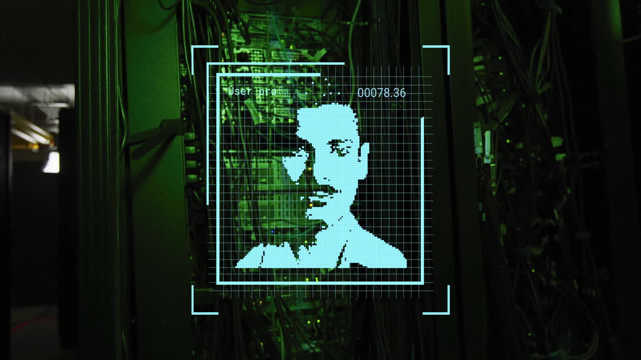 animazione di riconoscimento facciale sullo sfondo della sala server in ambiente scolastico