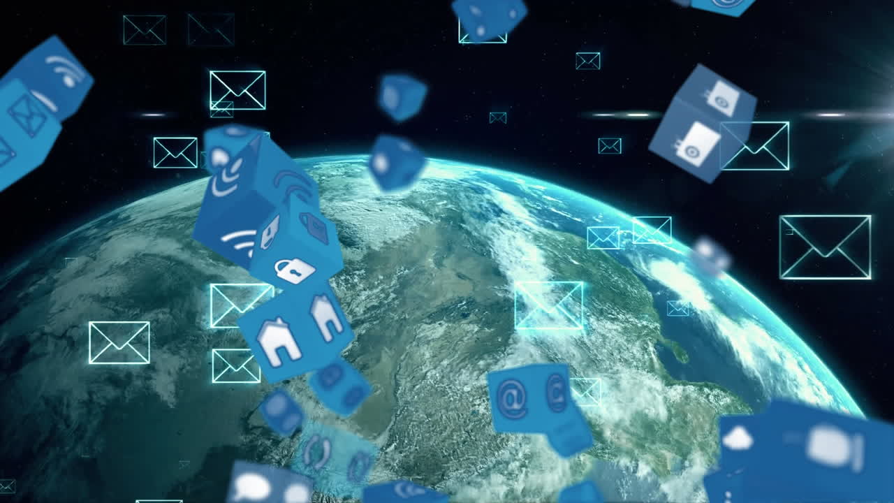 디지털 봉투와 함께 큐브와 글로브의 온라인 및 응용 프로그램 아이콘