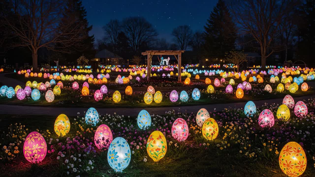 A Vibrant Garden of Illuminated Easter Eggs: A Nighttime Display of Colorful Decorative Eggs Surrounded by Lush Greenery and Starry Sky for Festive Celebrations