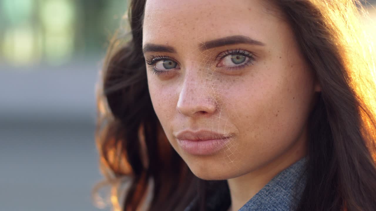 retrato de una mujer atractiva con una cuadrícula de escaneo en su rostro. identificación facial, seguridad, concepto de reconocimiento facial.