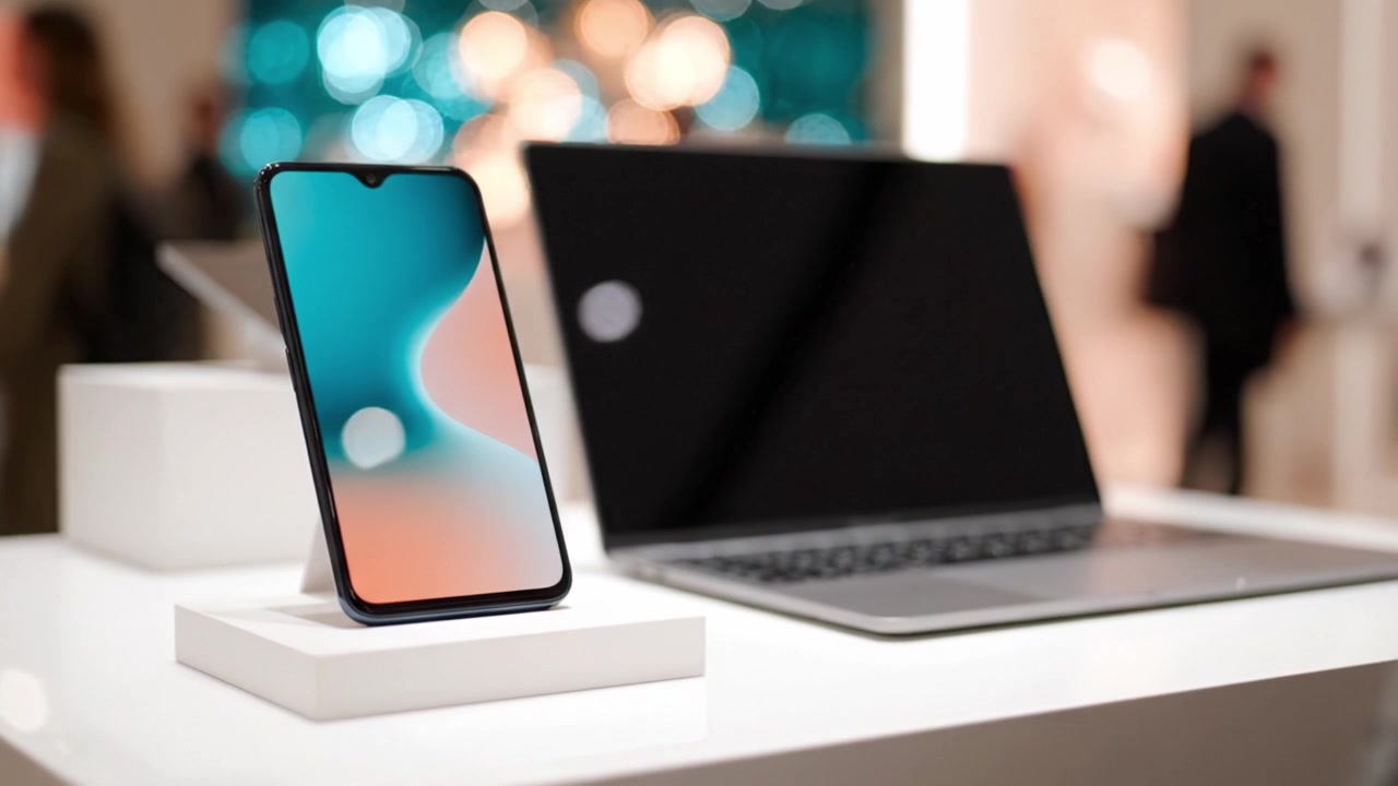 Showcasing Modern Technology: A Smartphone and Laptop Displayed on a Sleek Stand Surrounded by Soft Bokeh Lights, Evoking a Contemporary and Elegant Atmosphere