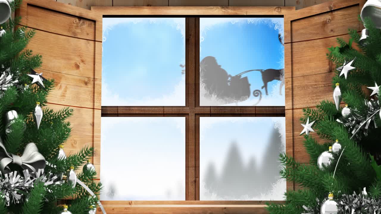 анимация санта-клауса в санях с оленями, виденными через окно и рождественские деревья