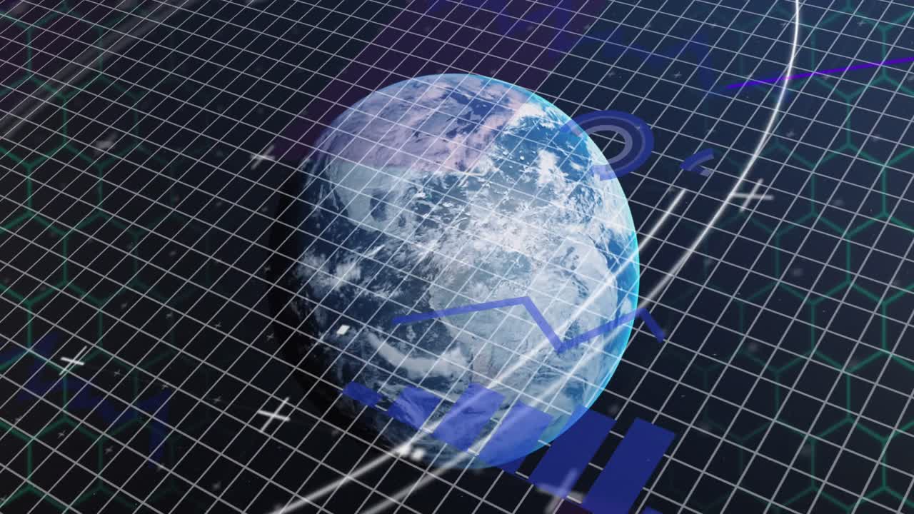 그리드와 세계 배경에서 금융 데이터 처리의 애니메이션