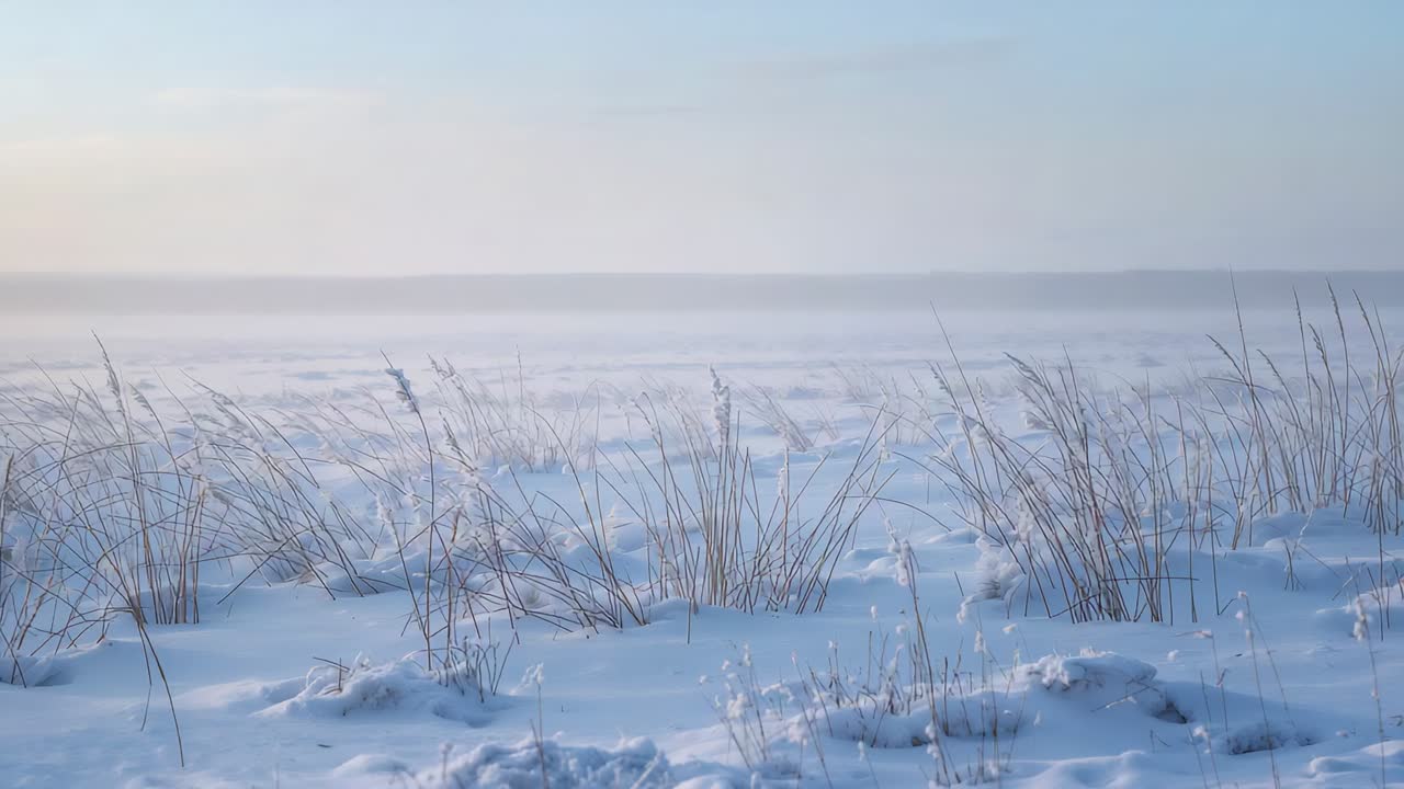 Panning camera revealing dried beach grasses swaying on snow drifts at frozen shoreline, pale sky