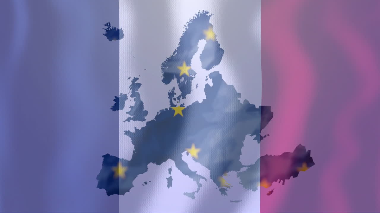 Animated stars on European map over French flag background
